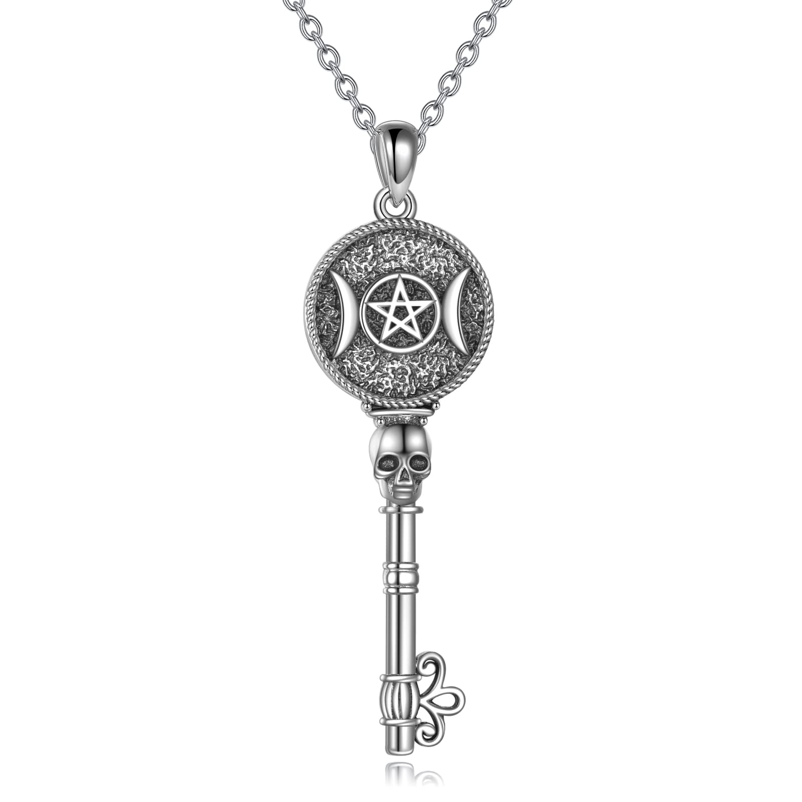 YAFEINI Hecate/Triple Moon Goddess Necklace Sterling Silver Wheel of Hecate Key Pendant Wiccan Amulet Jewelry Gifts for Women