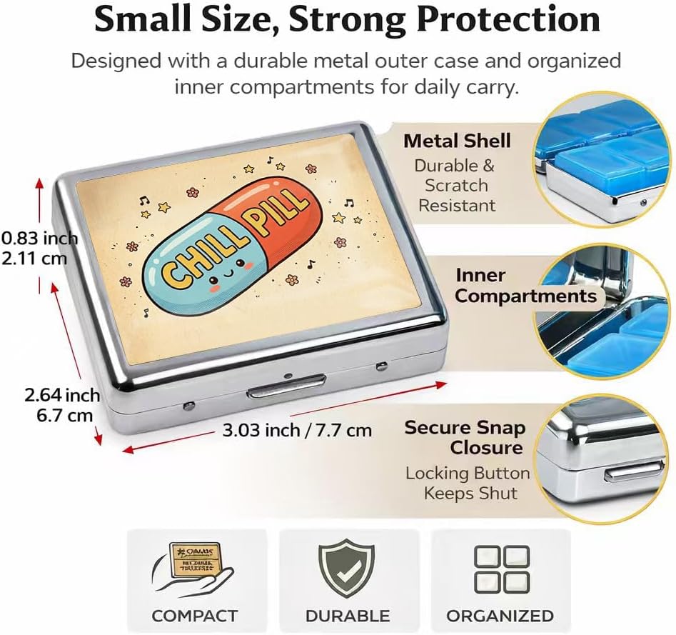 Metal 7 Day Pill Organizer, Weekly Pill Case 8 Compartments, Travel Pill Box for Purse & Pocket, Small Medicine & Vitamin Organizer, Secure Clasp (Cute)