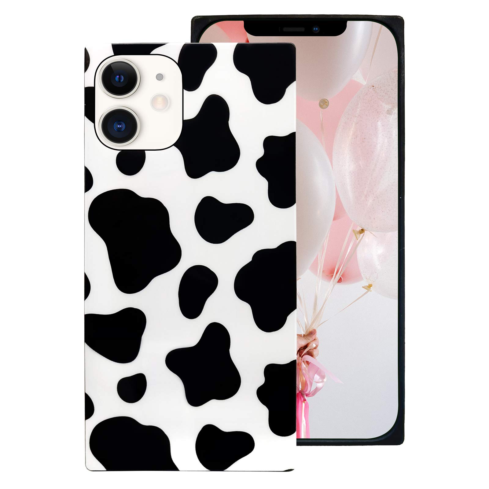 Guppy Compatible with iPhone 12/12 Pro Square Case Luxury Cute Cow Print Black White Spots Cool Animal Skin Pattern Reinforced Corner Ultra Slim Lightweight Soft Bumper Protective Case 6.1 inch