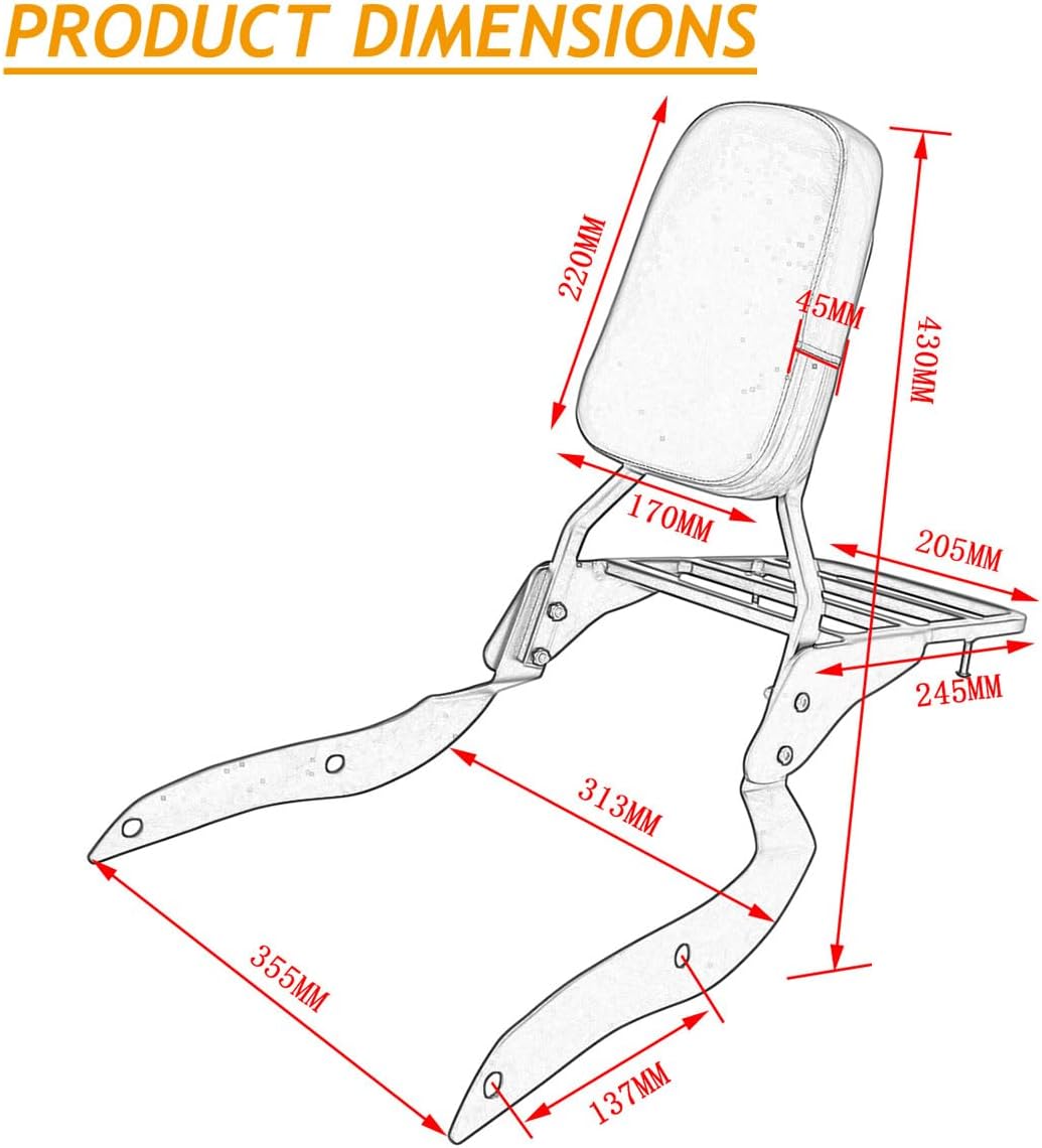 Passenger Sissy Bar with Luggage Rack Backrest Compatible with Yamaha Road Star XV1700PC Warrior / XV1700PCM Midnight Warrior, Chrome