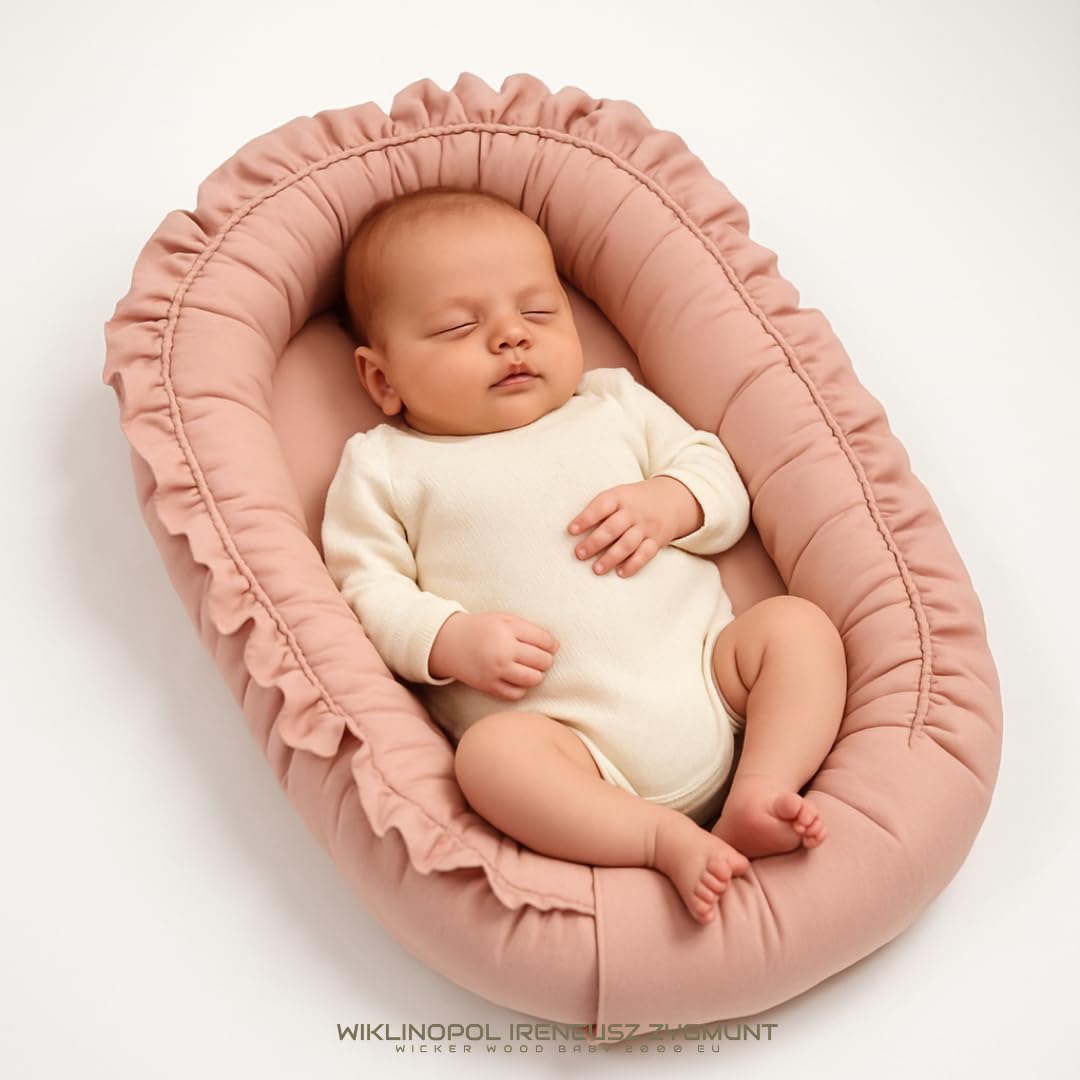 WIKLINOPOL Babynest per neonati – Nido per bebè 85x45 cm in rosa con volant – Nido portatile con materasso – Nido lavabile in 100% cotone – Sicuro per casa e viaggi