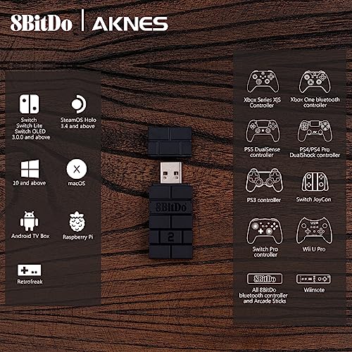 AKNES 8Bitdo Wireless USB Adapter 2 für Switch, Xbox One/Xbox Series X & S,PS5,PS4,PS3 Controller auf Steam Deck, Switch OLED/Switch, PC, Android, Raspberry Pi, mit OTG Kable（Schwarz）