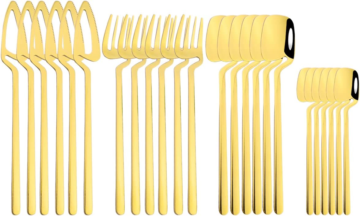Gugrida 24pcs Dinnerware Set Stainless Steel Tableware Set Knife Fork Spoon Flatware Set Dishwasher Safe Silverware Cutlery Set Kitchen Accessorie Mirror Polish Champagne Gold-A
