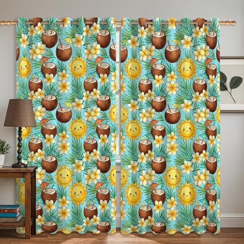 Coconut Blackout Curtains, Tropical Playful Sun Flower Summer Blue Wrinkle