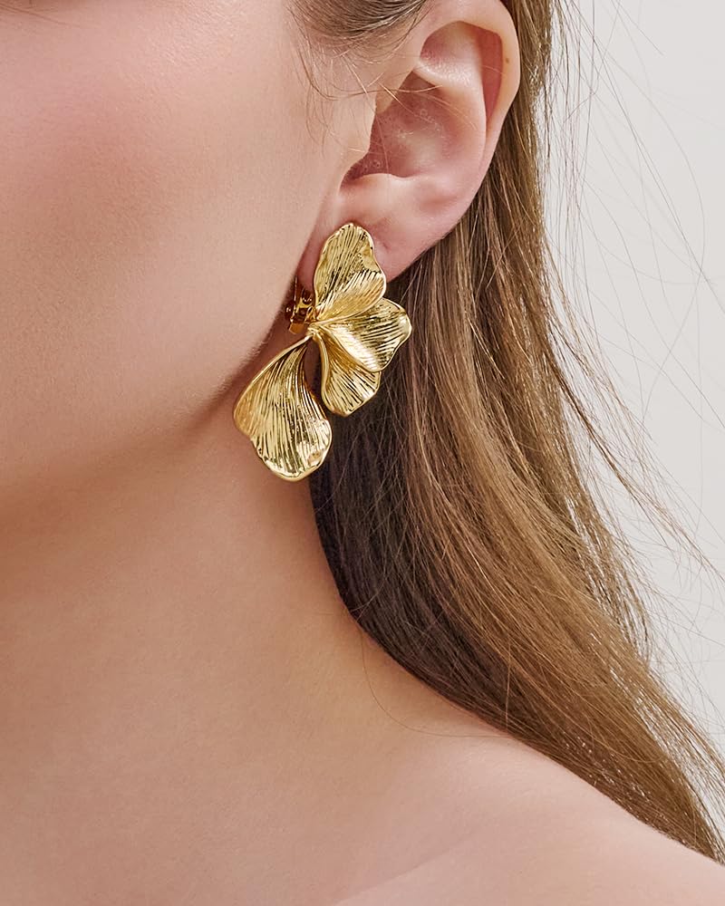FAUTHENTIUTE Gold Flower Clip on Earrings For Women Chunky Floral Statement Earring With 4pcs Petal Summer Boho Gold Jewelry Gift - Image 2