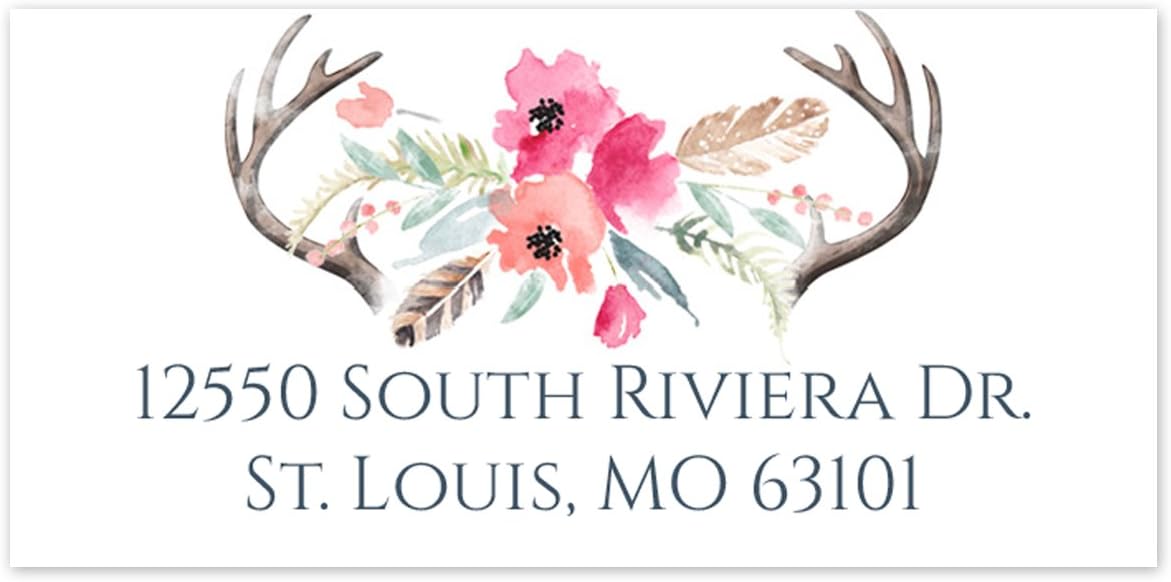 Boho Floral Antler Rectangle Address Labels/Self-Adhesive Custom Address Stickers / 96 Personalized Stickers / 1 1/8" x 2 2/16" Envelope Seals/Made in The USA