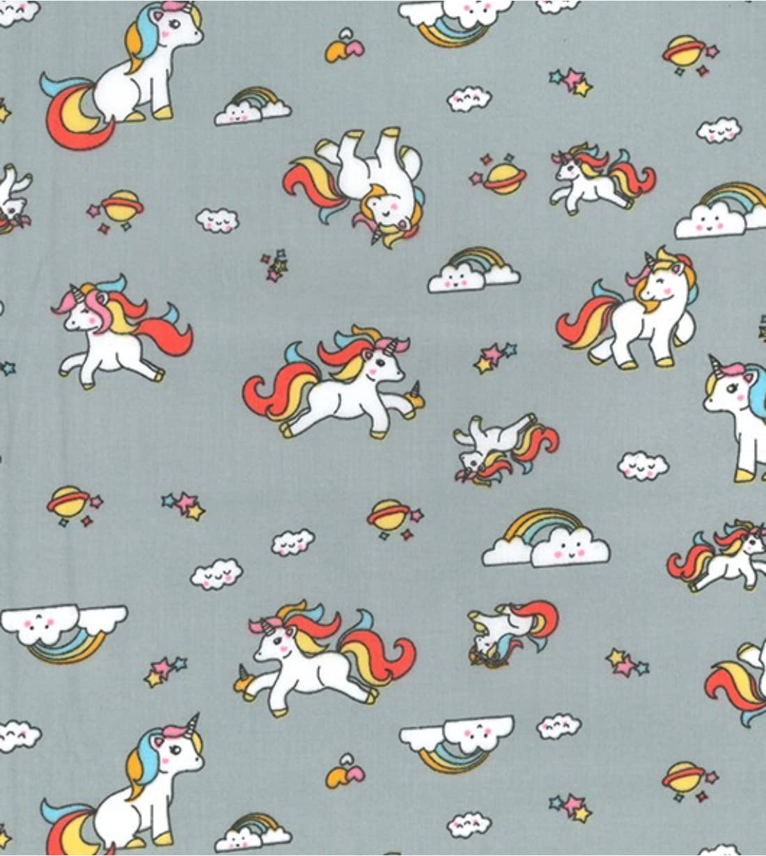 Printed Polycotton Craft Fabric Material - Rainbow Unicorns ON Grey, 1Mtr 110cmx100cm