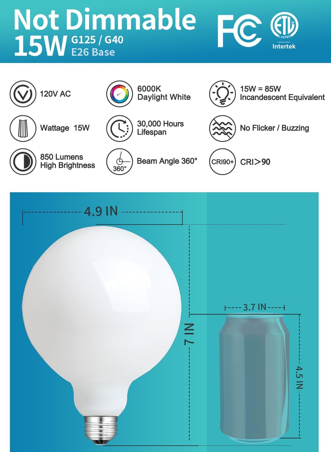 G125 Large Oversize LED Globe Light Bulb, 15W Daylight White 6000K G40 Replacement Opal Milky Pearl Glass Vintage LED Edison Filament Bulb, 85 Watt Equivalent E26 Base, Non-Dimmable, 1 Pack