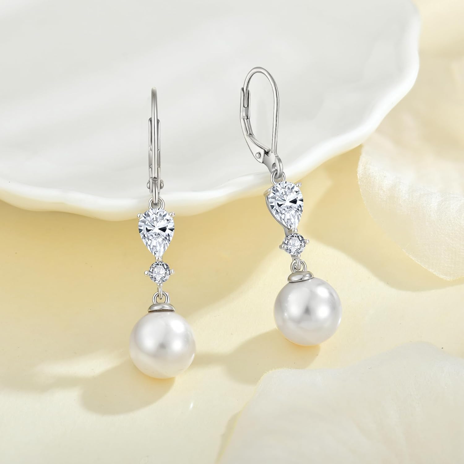 Women Pearl Dangle Drop Earrings with Birthstone 925 Sterling Silver Leverback Earring with 10MM White Pearls - Image 4