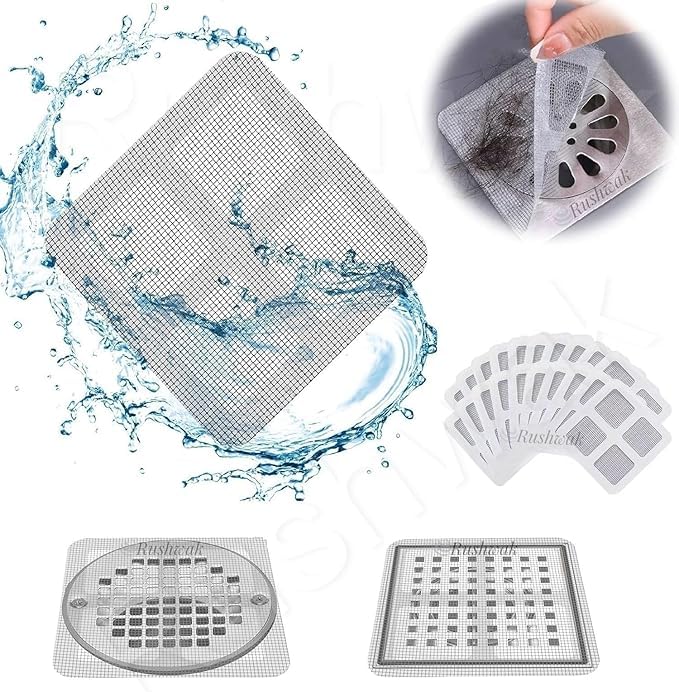 Image of 4 inch X 4 inch Disposable Shower Drain Cover Self-Adhesive Insect-Proof Hair Catcher Shower Drain Square Mesh for Stickers, Bathroom, Bathtub, Kitchen, Sink, for Human and Pet Hair (20)