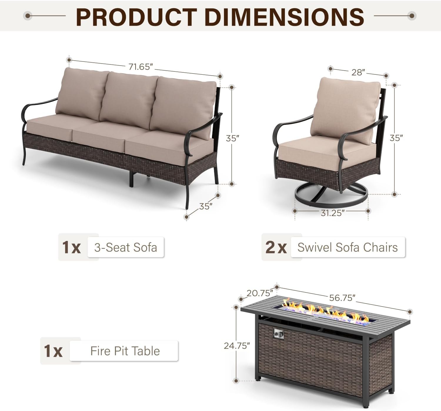 GREEN PARTY Extra Large Outdoor Patio Furniture Set with 56" Fire Pit Table 4 Pieces for 5, Modern Metal Patio Conversation Sets with High Back 3-Seat Sofa, 2 Swivel Chairs, 1 Fire Pit Table
