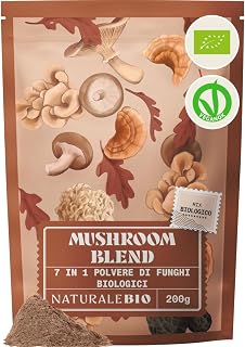 NaturaleBio Miscela di funghi in polvere 200g. Aumenta l'energia, favorisce la concentrazione, supporta l'intestino e il sistema immunitario. Bio, vegano, senza glutine e non OGM. Facile da consumare.