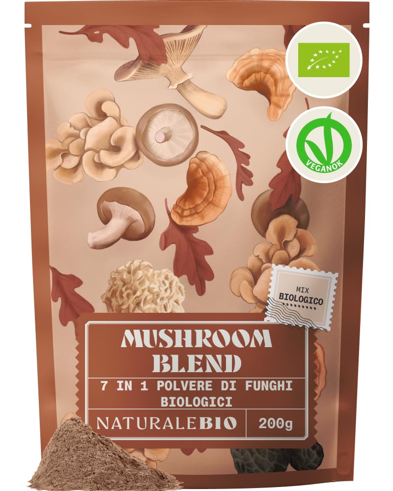 NaturaleBio Miscela di funghi in polvere 200g. Aumenta l'energia, favorisce la concentrazione, supporta l'intestino e il sistema immunitario. Bio, vegano, senza glutine e non OGM. Facile da consumare.