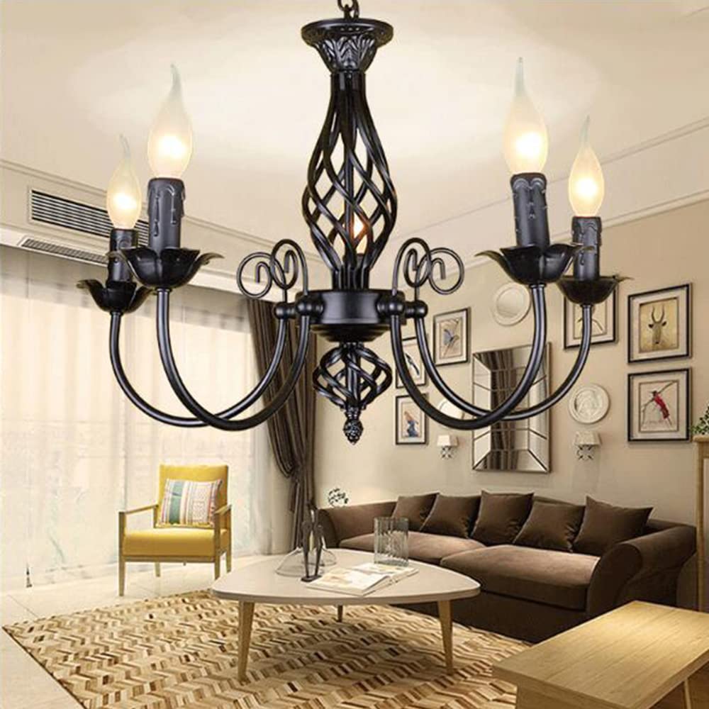 Antik Kronleuchter Klassische E14 Kerze Pendelleuchte Französischer Hängelampe Retro Schwarz Pendellampe Höhenverstellbar Landhausstil Wohnzimmer Licht Küche Esszimmer Gang Beleuchtung,5 heads