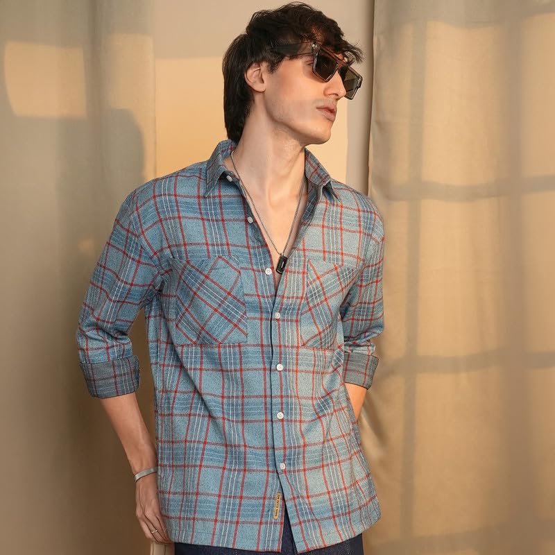 Image of CAHOOT Men's Gingham Shirt | Casual Wear | Spread Collar | Long Sleeve | Button Closure | Shirt Crafted with Comfort Fit for Everyday Wear