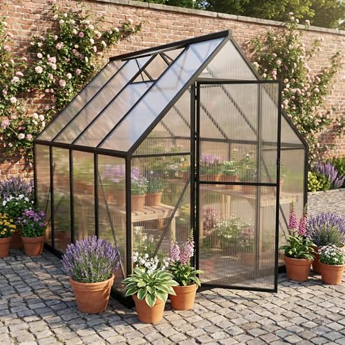 YRHome Serre de jardin en aluminium, 179,5 x 229,5 x 194,5 cm, plaques alvéolaires en polycarbonate de 5,2 mm, noire, résistante aux intempéries et à...
