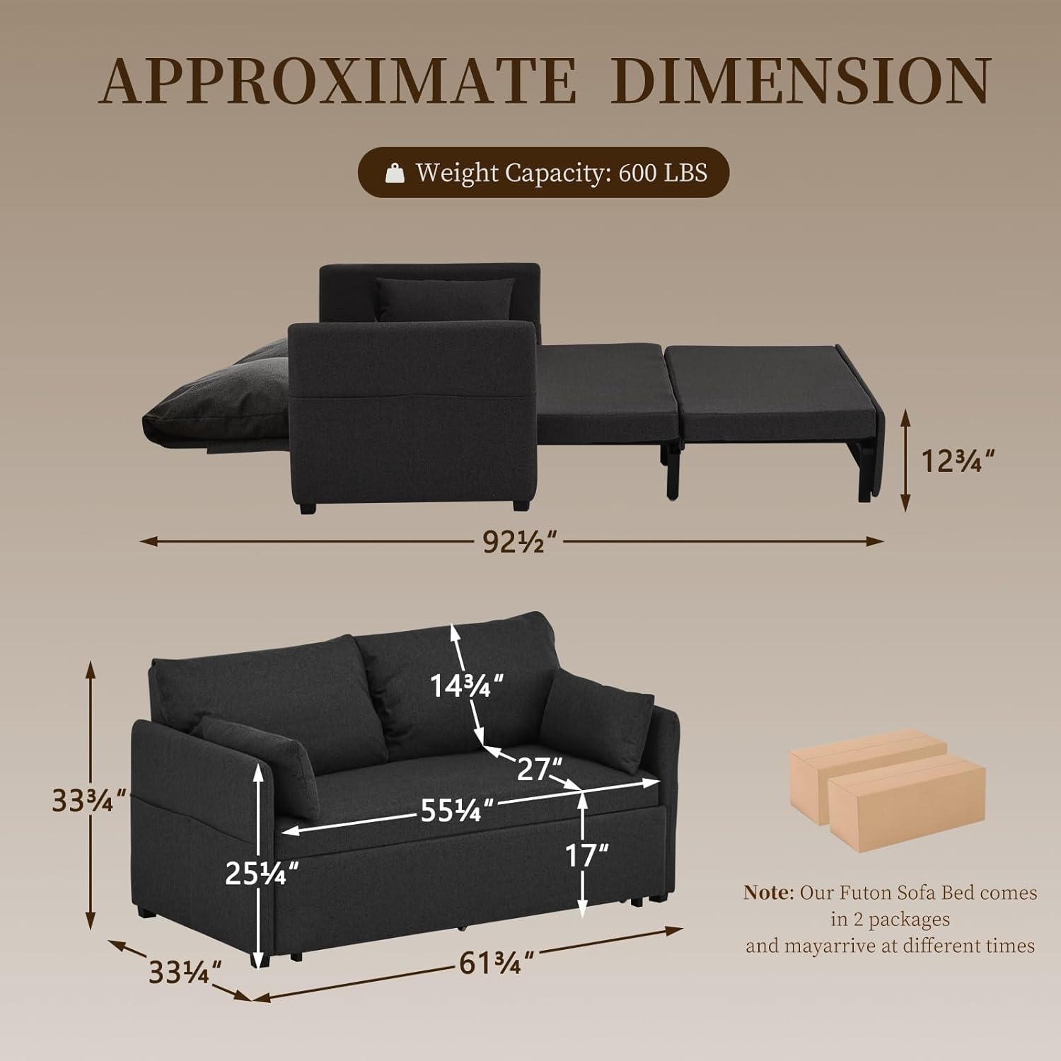 Furnimart 62" Queen Size Sleeper Sofa with Pull Out Sofa Bed, 3 in 1 Convertible Loveseat Sleeper with 6-Position Adjustable Backrest, Modern Linen Futon Couch for Living Room, Apartment, RV, Black