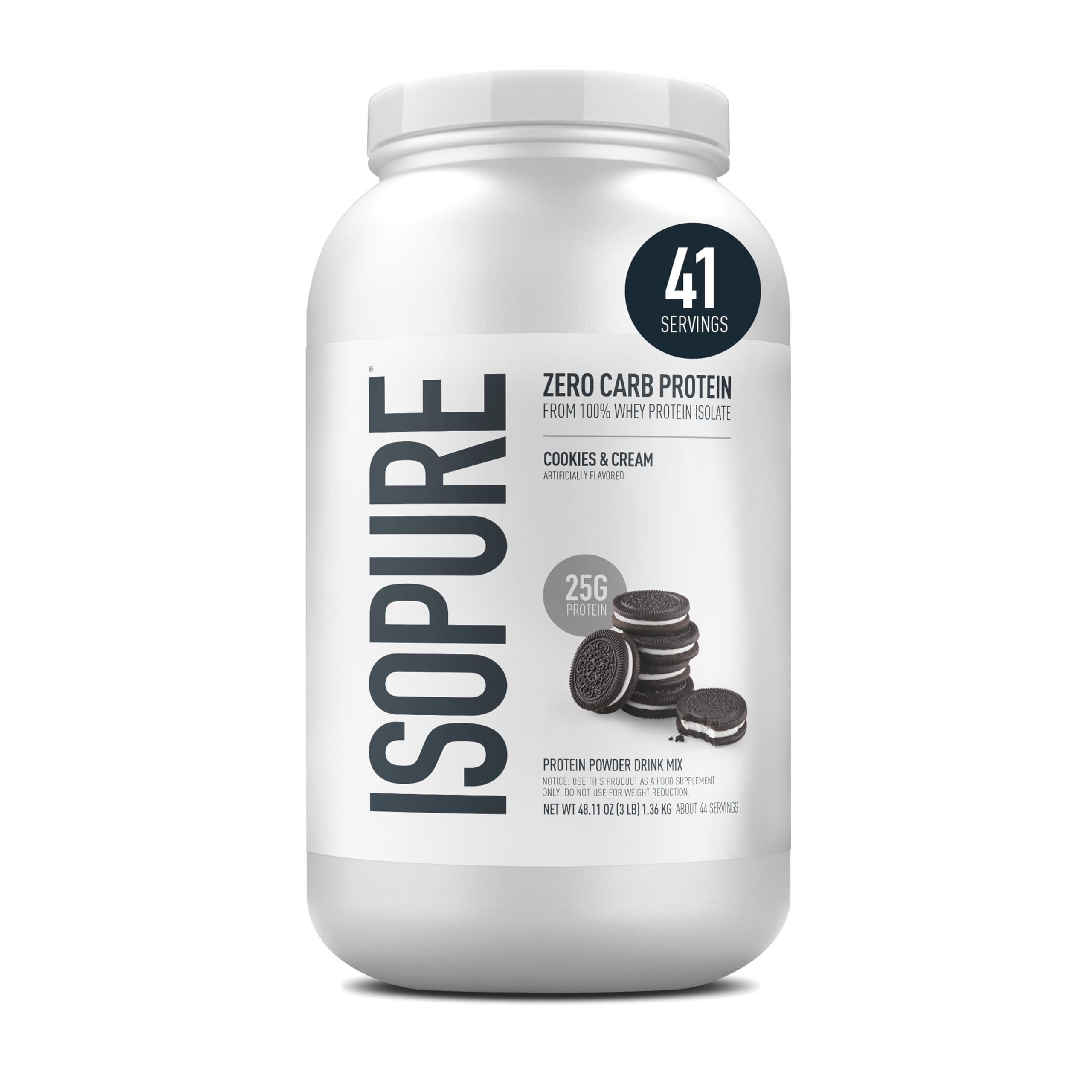 IsopureZero Carb Whey Protein Isolate Powder with Vitamin C & Zinc for Immune Support, 25g Protein, & Keto Friendly - Cookies & Cream, 3 lbs, 41 Servings (1.36 KG)