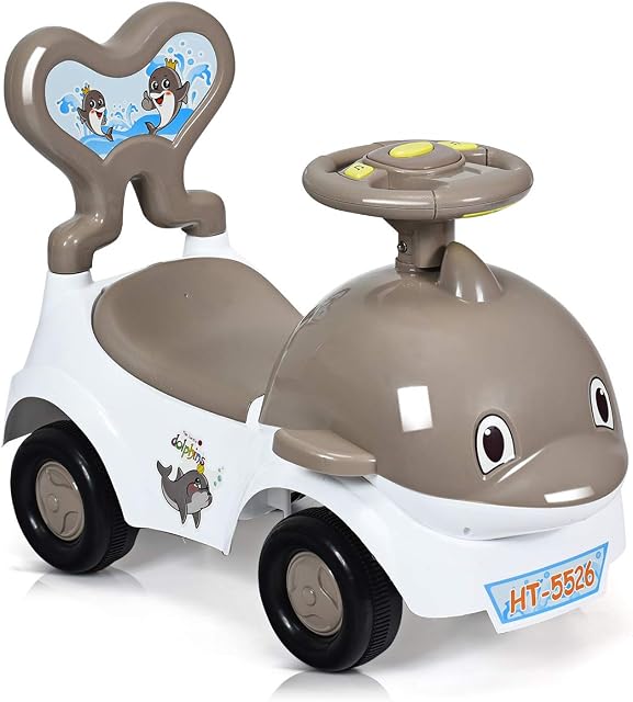 COSTWAY Baby 3-in-1 Ride-on Car Toy for Kids Toddlers, Cartoon Pushing Cart with Sound & Light, Safe Brake, Anti-falling Backrest, Storage Seat, Walker & Sliding Car for 18-36 Months (Grey)
