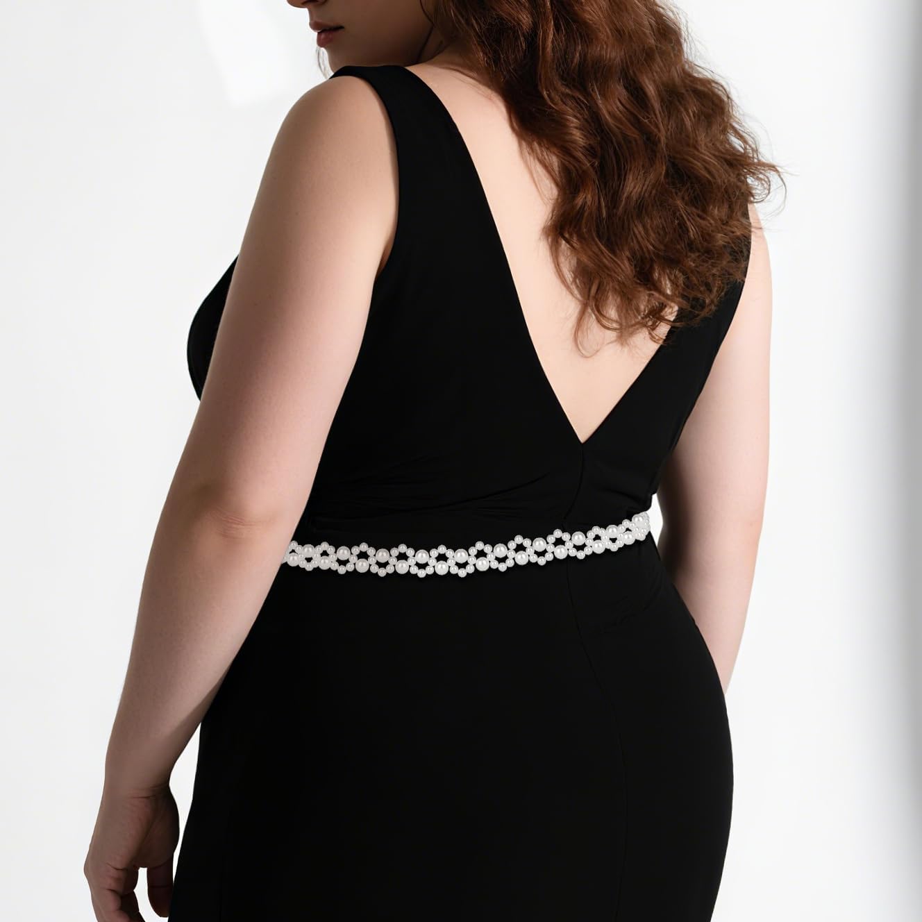 Plus Size Chain Belt for Women, White Pearl Stretchable Extra Long Body Chain, 51 Inch Max Flexible Adjustment Fashion Jewelry Accessory