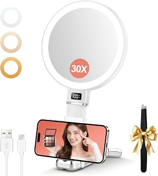 30X Travel Magnifying Mirror With Light, Double-Sided 1X/30X Travel Makeup Mirror with Light, 2000mAh 3 Color Modes with Adjustable Brightness, Vanity Mirror with Digital Display, Portable &Foldable