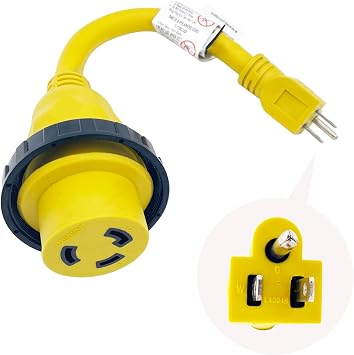 Shore Power Cord Adapter 125V 15A Male 5-15P to NEMA L5-30R Female 30A Marine/RV/Household Use Adapter with Locking Ring 1FT Long