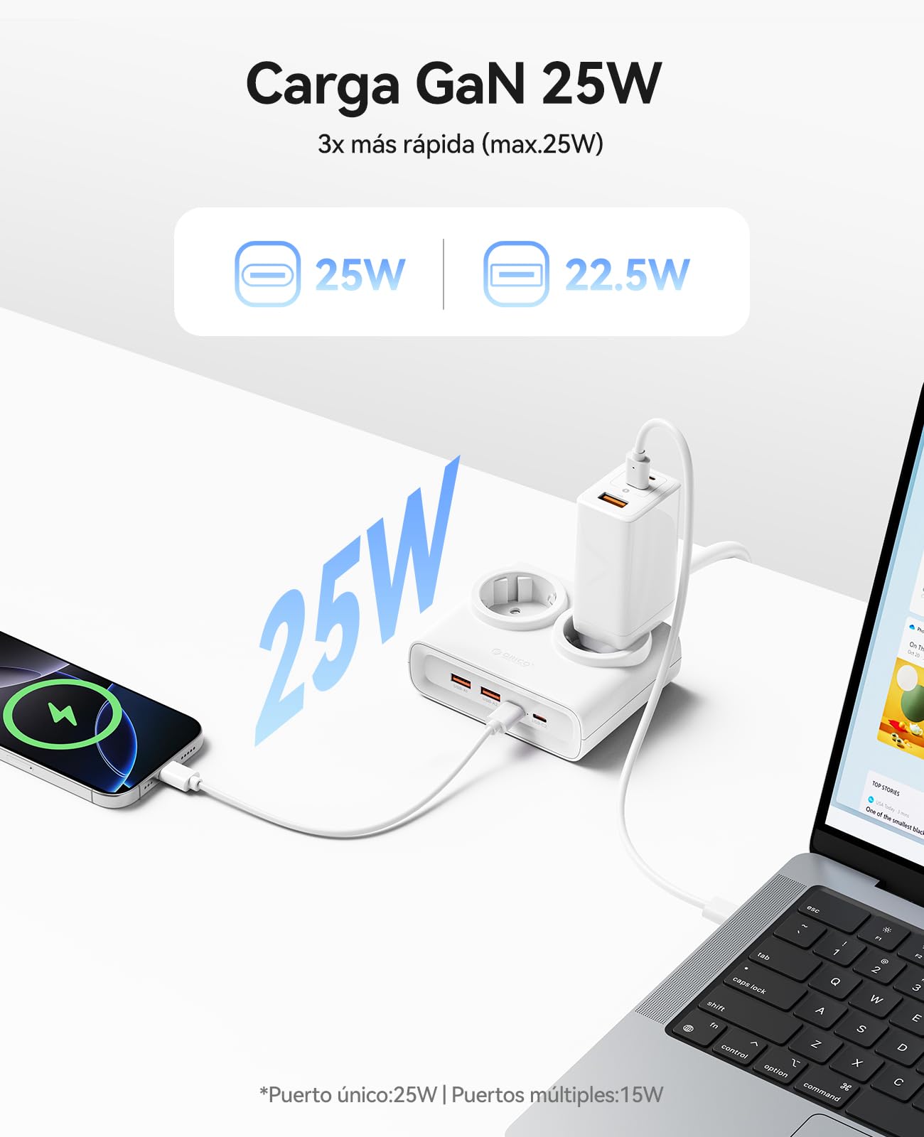 ORICO PowerBrick 6-in-1 Power Strip Sockets White – 2 AC Outlets + 4 USB (2 USB-C PD), Quick Charge 25W GAN, Cable 1.6 m, 2500 W MAX for Home, Office, Table (PDC) — view 4