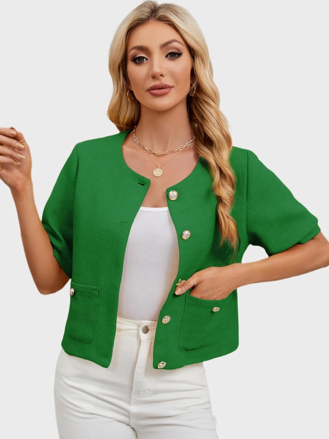 LifeShe Puff Short Sleeve Tweed Jacket Women Cropped Jackets Summer Open Front Office Work Blazer Coat - Image 5