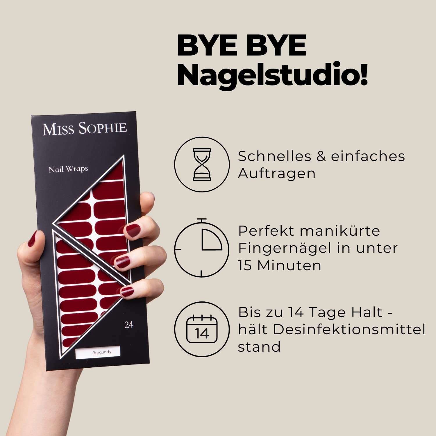 Miss Sophie Pellicola per unghie - "Burgundy", Tinta unita, Rosso, Nail Wraps -24 pellicole per unghie autoadesive ultrasottili a lunga durata