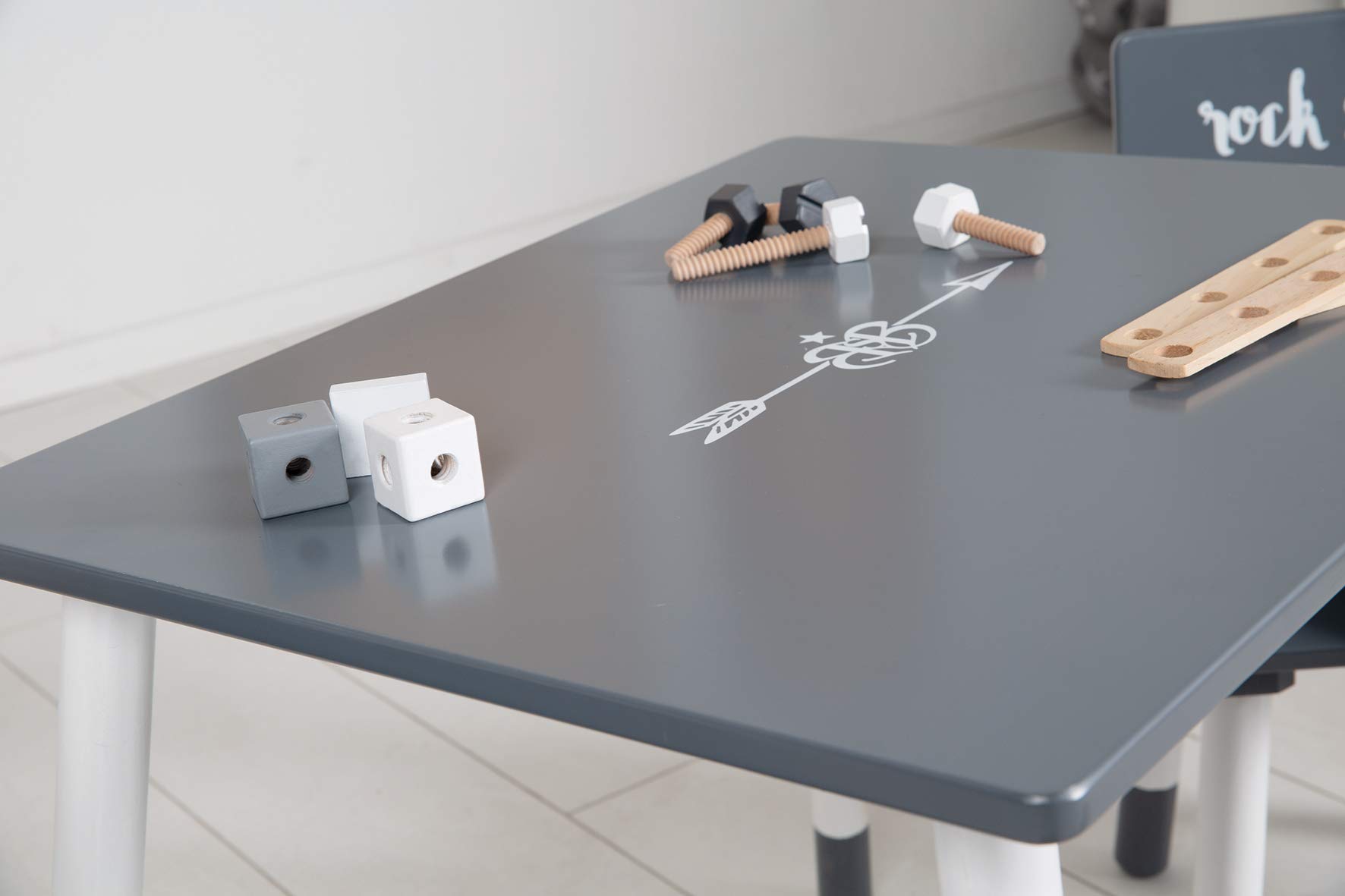 roba Ensemble Table + 2 Chaises Enfants "Rock Star Baby 3" - Pieds en Bois Massif - Style Scandinave - Gris Foncé/Blanc