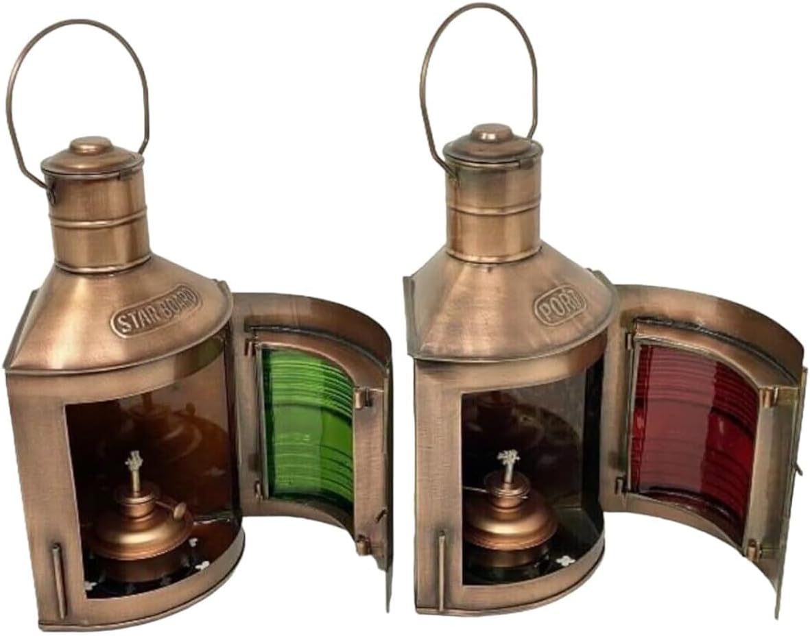Vintage Brass Ship Oil Lanterns – Port & Starboard Navigation Lamps with Red & Green Glass, Nautical Maritime Decor, Collectible Marine Oil Lamp Pair (12 Inch)