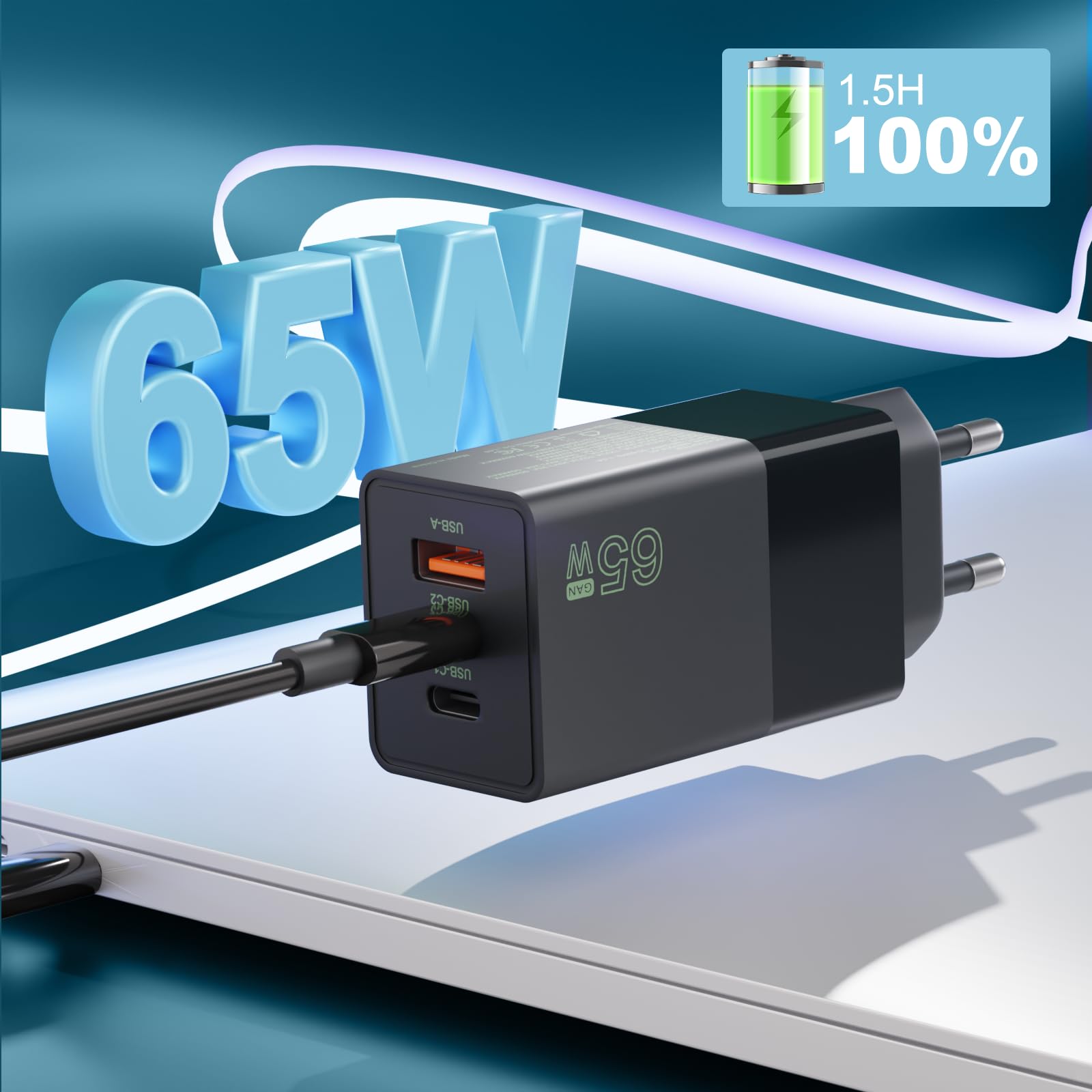 USB-C GaN Ladegerät 65 W – 3 Ports, Kompakt, Faltbar | Für MacBook, Samsung Galaxy, IPhone, IPad, Dell XPS