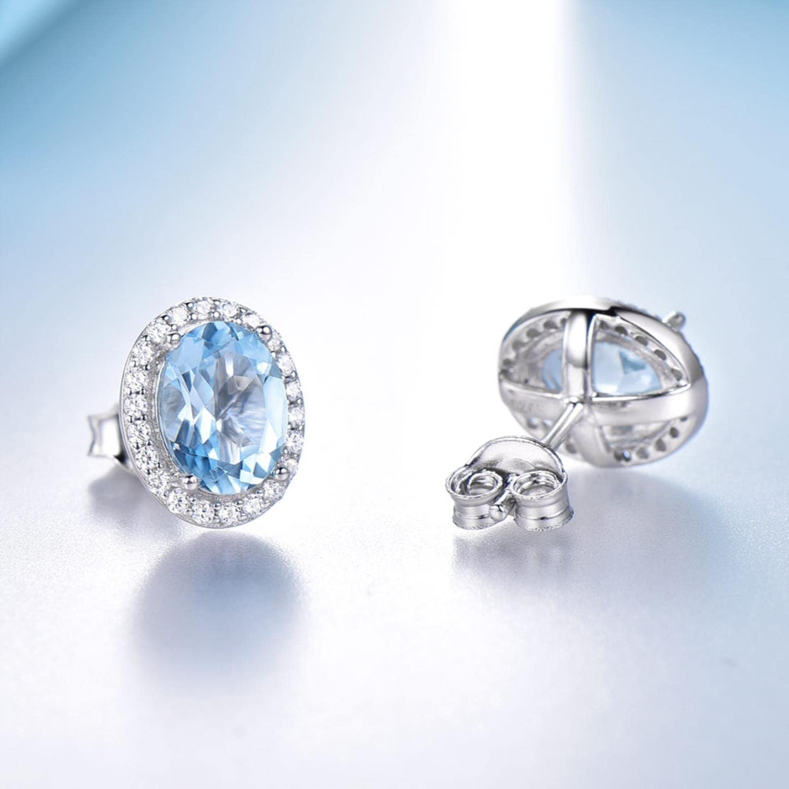 SALAN Gioielli in Argento Sterling 925 Creati Orecchini A Bottone Ovali con Topazio Azzurro Cielo per Le Donne Anniversario Regali Romantici Gioielleria Raffinata