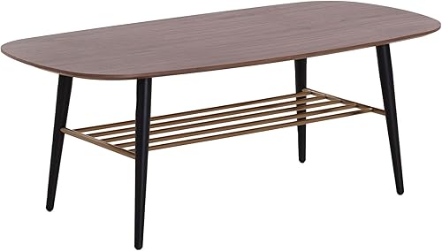 Mesa de café mesa central moderna de 2 niveles mesa central de madera y metal mesa de cóctel moderna ovalada para sala de estar nogal
