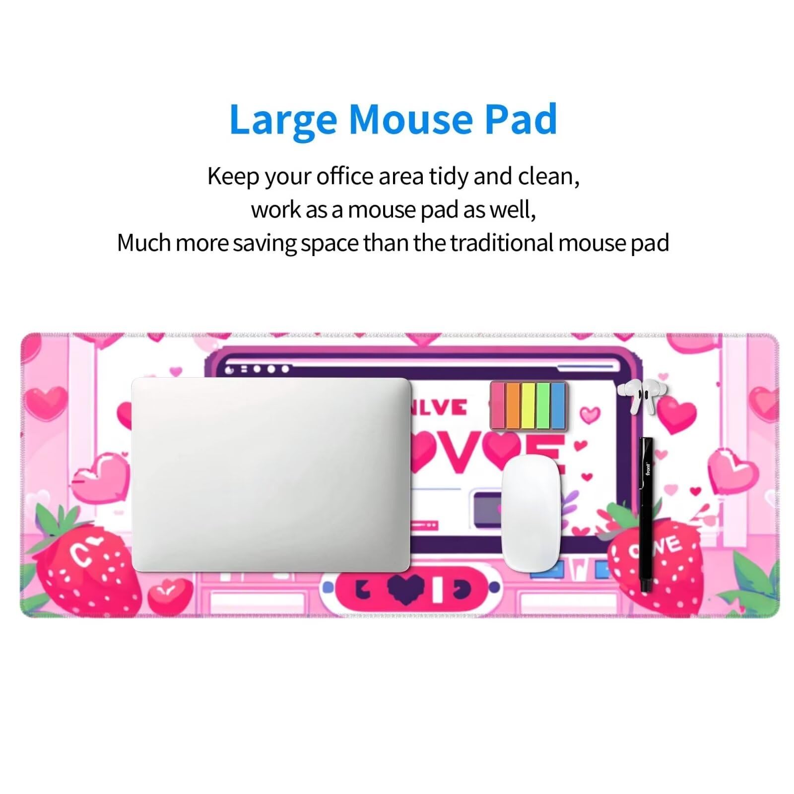 Tappetino Mouse, Tappetino Mouse Gaming Grande XXL 1500x800x3mm Tappetino Scrivania Mouse Pad, Base in Gomma Antiscivolo, Bordi Cuciti,Lavabile, Mousepad per Ufficio e Gaming (Fragola rosa) R-162