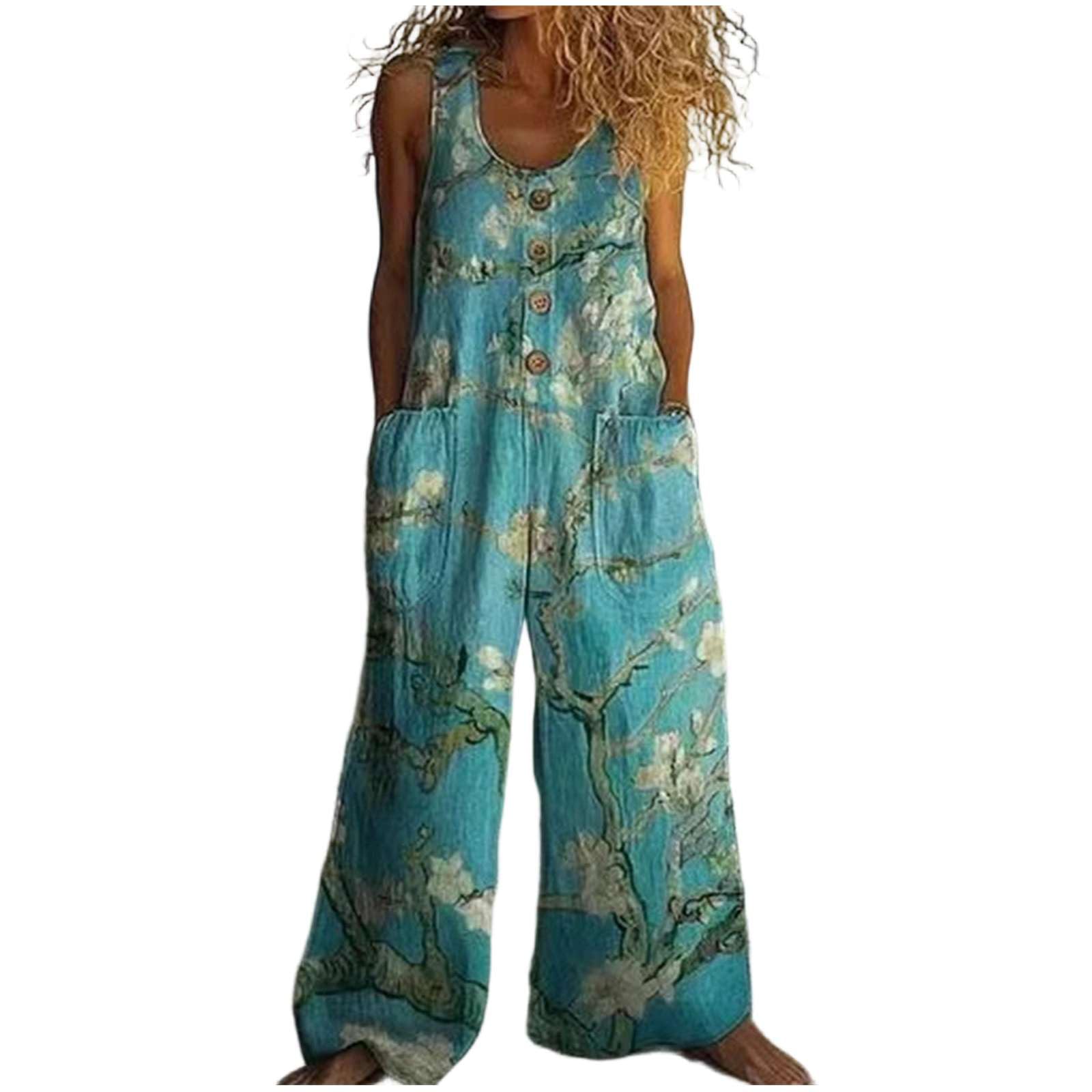 Genérico Mono Largo Mujer Verano Lino y Algodón, Salopette Sin Mangas Elegante Bohemio Estampado, Peto Holgado Transpirable con Bolsillos de Pernera Ancha para Playa Vacaciones y Diario