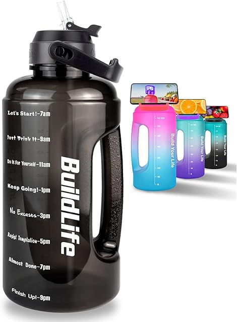 BuildLife 2.2 Litre Water Bottle - Motivational Half Gallon Water Jug w/Straw & Time Marker & Portable Handle BPA Free Leakproof Reusable for Fitness, Gym and Outdoor Sports(Black)
