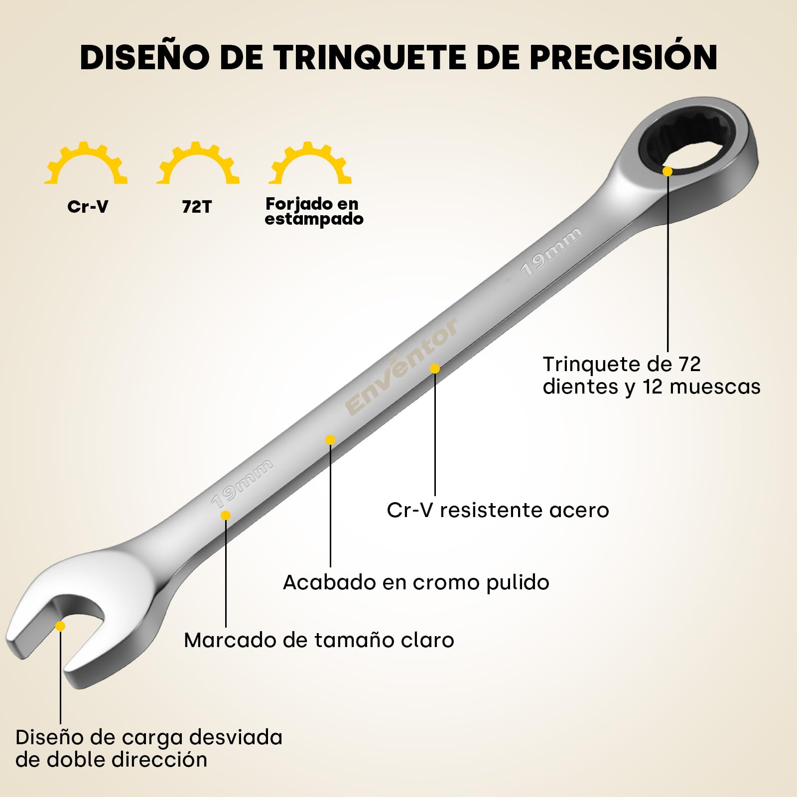 Enventor Llaves Fijas con Carraca de 8 Piezas, Juego de Llaves Combinadas con Carraca Métrico 8mm a 19mm, Acero Cromo Vanadio, 72 Dientes, Cabezal Fijo, Arco de Giro de 5°, Bolsa