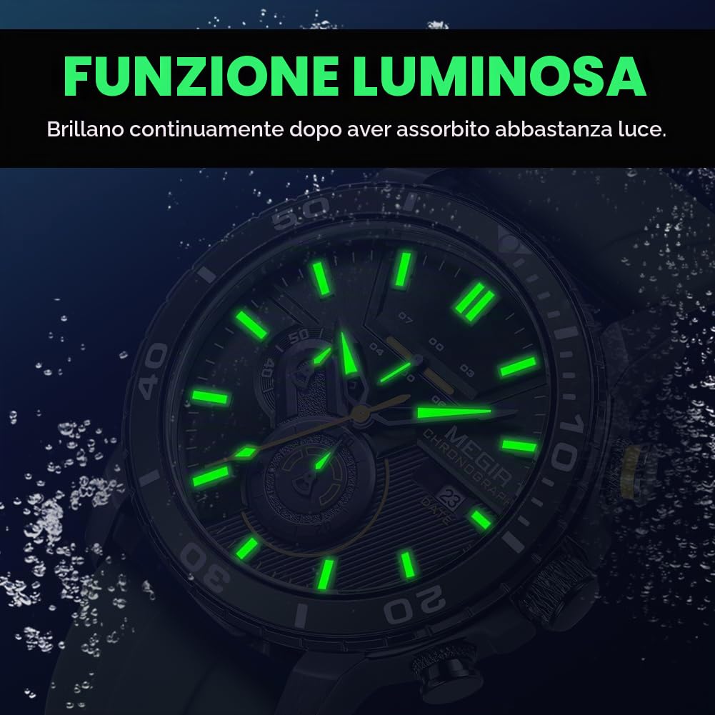 MEGIR Orologio sportivo da uomo, analogico, al quarzo, cronografo, militare, luminoso, con cinturino in silicone, 2224G, Verde, Militare