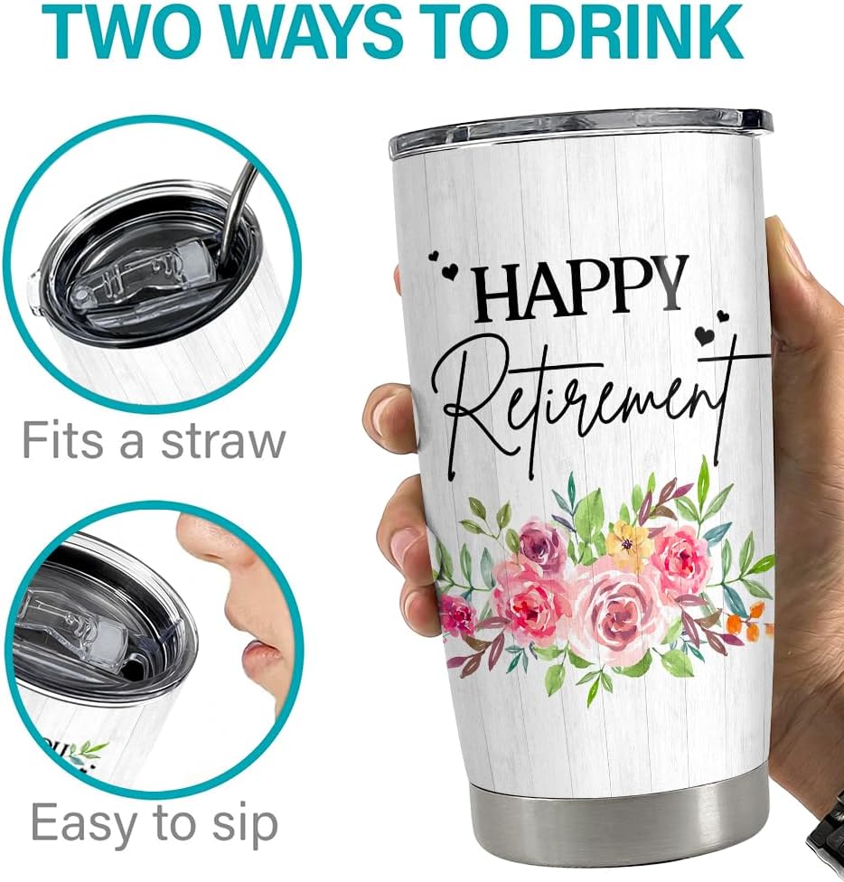 SANDJEST Happy Retirement Tumbler Stainless Steel Insulated Tumbler 20oz Retirement Gift for Women Retired Gifts Farewell Drinking Cups For Female Coworker Boss Colleague Friends - Image 7
