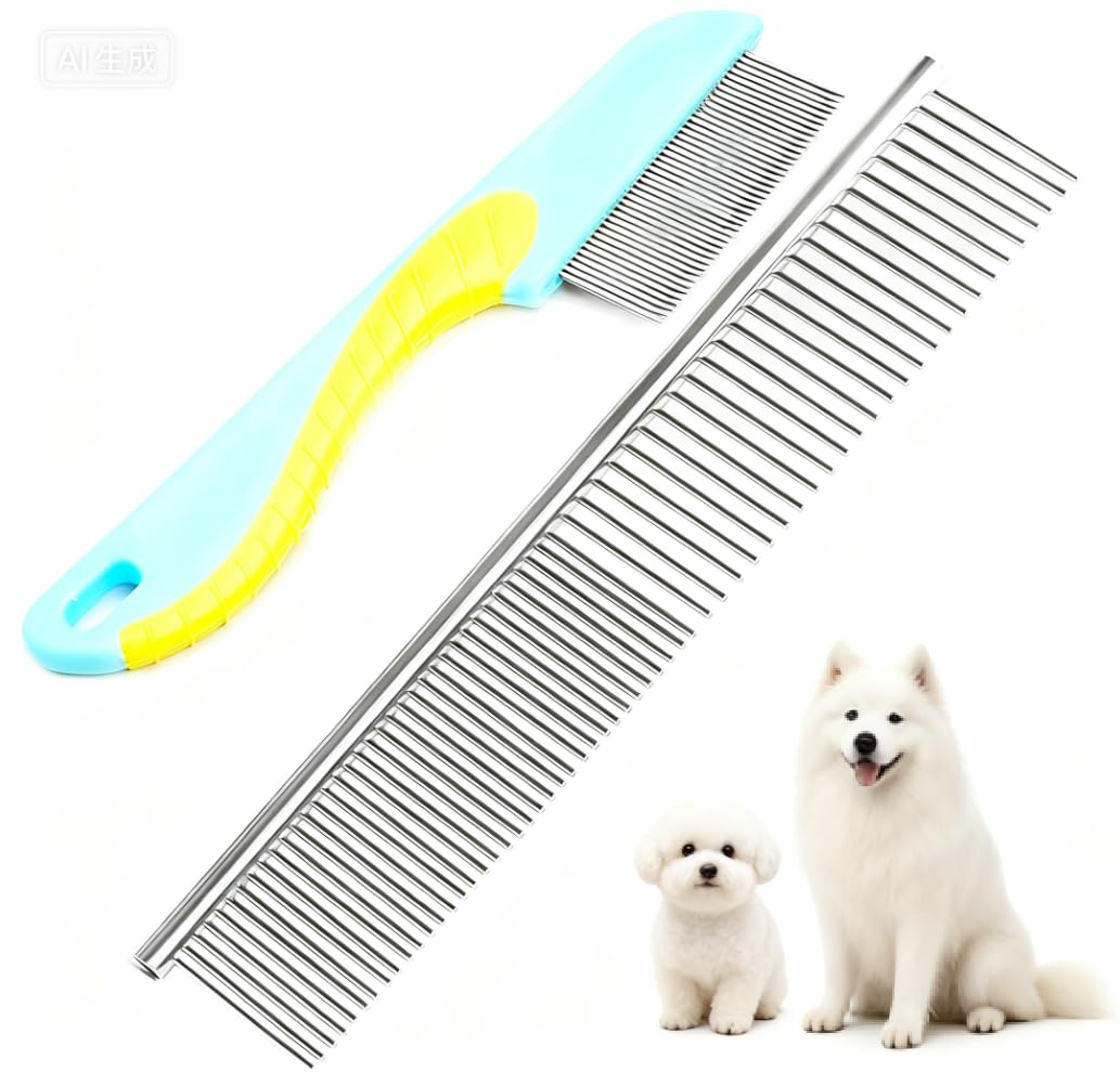Pet Grooming Comb Set, 2-Pack Stainless Steel Dog and Cat Combs with Rounded Teeth, Metal Flea Comb for Removing Tangles and Knots