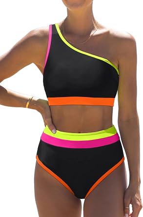 popvil Womens One Shoulder Swimsuit Neon 2 Piece High Waisted Bikini Sets Cute 2026 Color Block Bathing Suit
