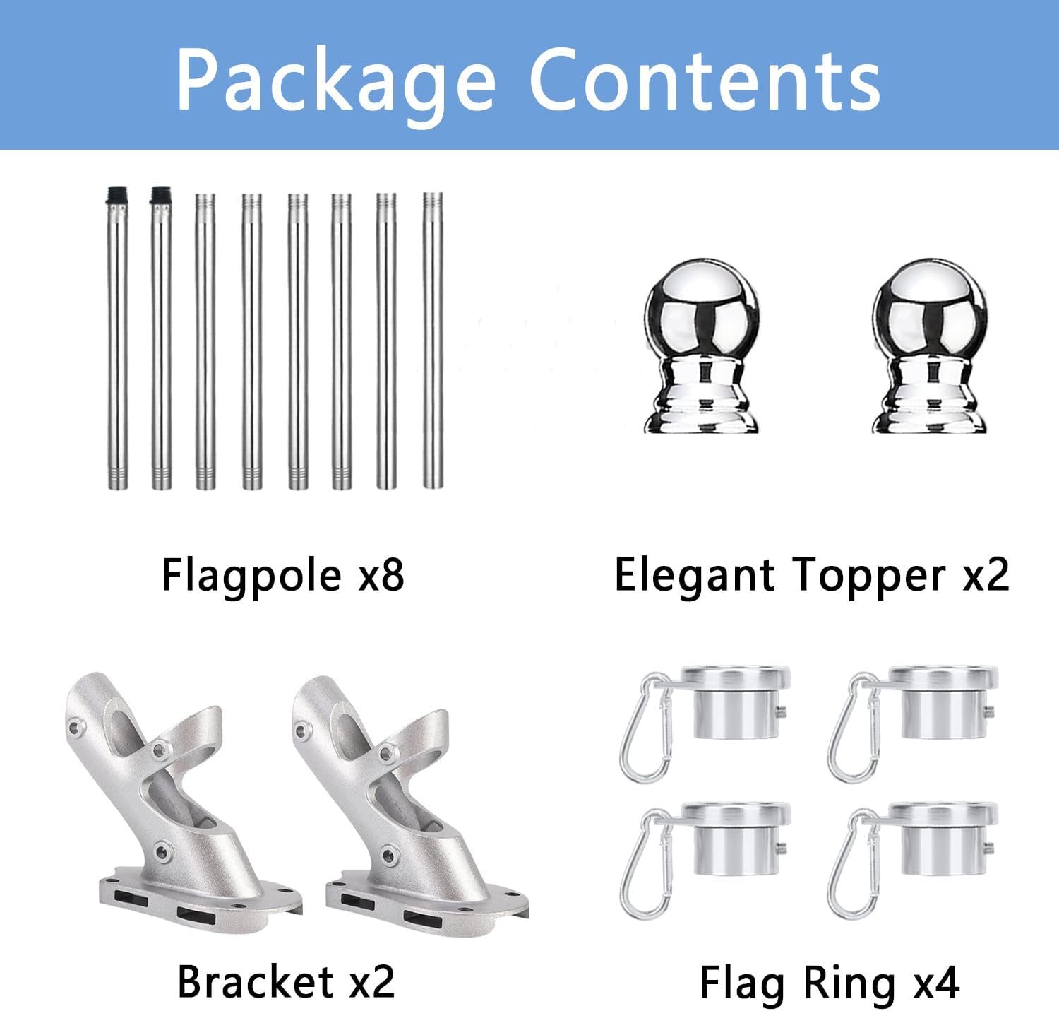 2 Pack Flag Poles for House, 5 FT Flag Pole Kit with 2 No-Tangle Aluminum Ring Clips and Holder Mounting Bracket, Heavy Duty Stainless Steel Flag Poles for Outside House, Boat Flagpole, 5ft