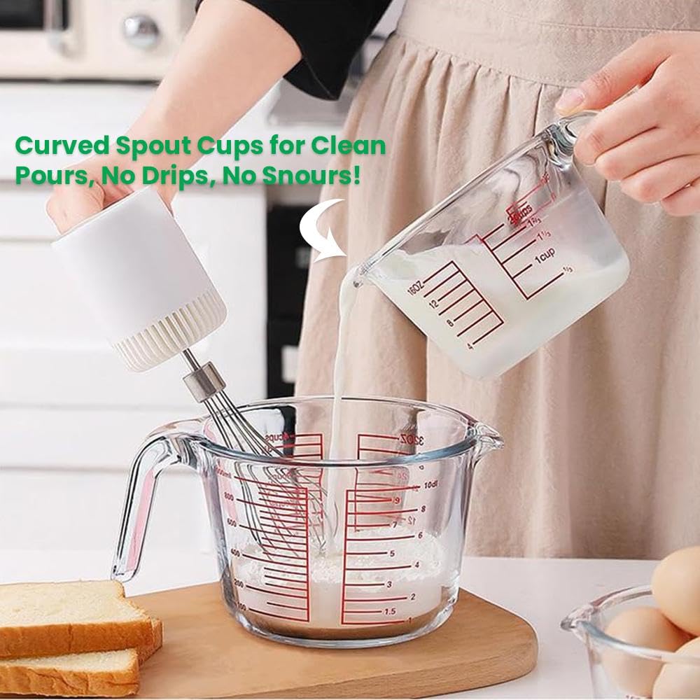 Home & Treat 6 Copas Medidoras de Cristal de Medición con 3 Tapas, Capacidad y Escala, 1 Taza/250 ml, 2 Tazas/500 ml, 4 Tazas/1000 ml, Jarras Medidoras Transparentes con Tapa y Asa para Cocina