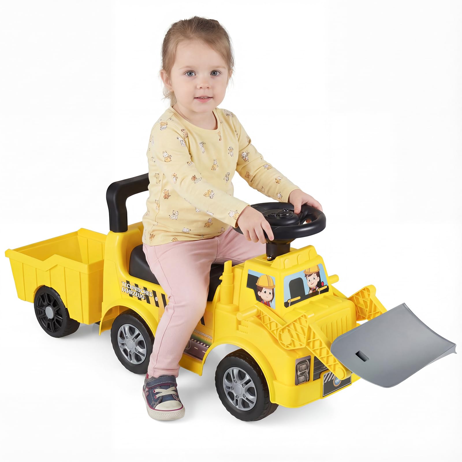 COSTWAY Coche Correpasillos para Niños, Excavadora de Nieve de Paseo Infantil con Remolque y Pala, Almacenamiento Oculto, Música, Bocina, Excavadora Correpasillos para Niños de 19-36 Meses(Estilo 2)