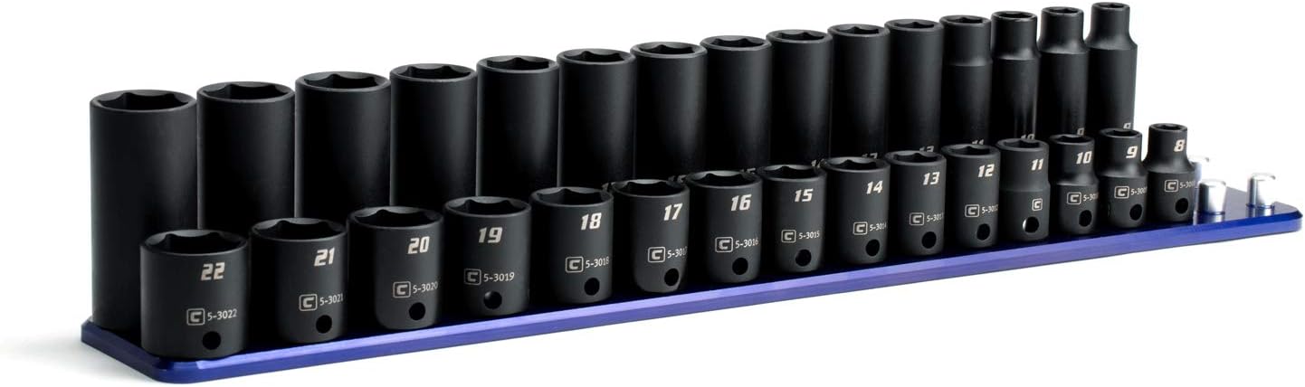 Capri Tools 3/8 in. Drive Metric Shallow and Deep Impact Socket Set with Billet Aluminum Socket Rail (30-Piece), 8-22 mm, CP53000-30MSDR