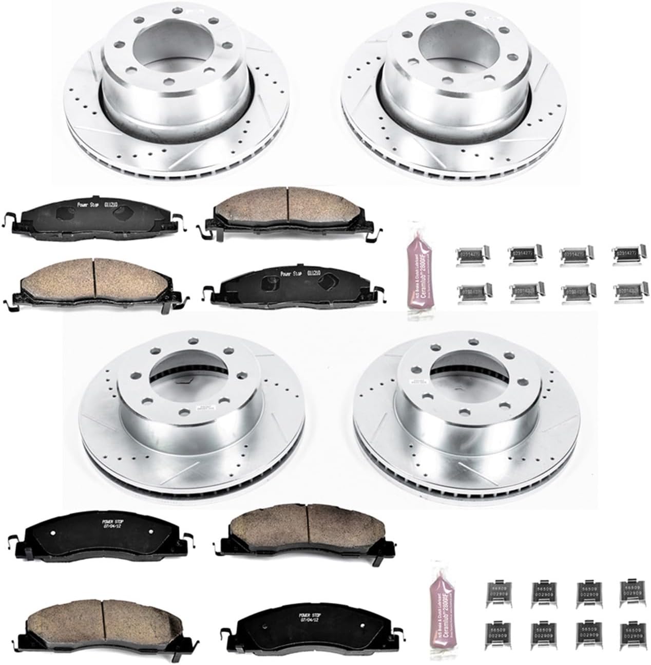 PowerStop Front and Rear Brake Kit For Dodge Ram 2500 2009-10 |Ram 3500 2009-10 |Ram 1500 2012 |2500 2011-18 |3500 2011-12 - Drilled and Slotted Disc Rotors with Ceramic Brake Pads Replacement, K5458