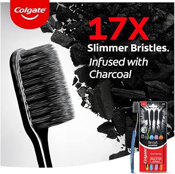 Colgate SlimSoft Charcoal Toothbrush Set of 4 | Soft Bristles | Deep Cleaning