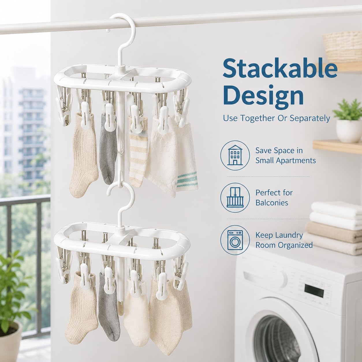 2PCS Clothes Hangers with 32 Clips Hooks, Plastic Sock Hanger, Stackable Laundry Drying Rack for Underwear, Clothes Airer with Swivel Hook, Portable Small Item Organizer for Bathroom Balcony Daily Use image 5