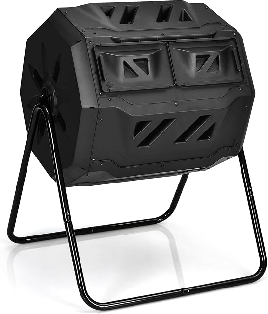 GiantexUK Garden Tumbling Composter, 160L/164L Dual Chamber Compost Tumbler Bin with 2 Sliding Doors, Rotating Waste Bin Composting Tumbler (164L)
